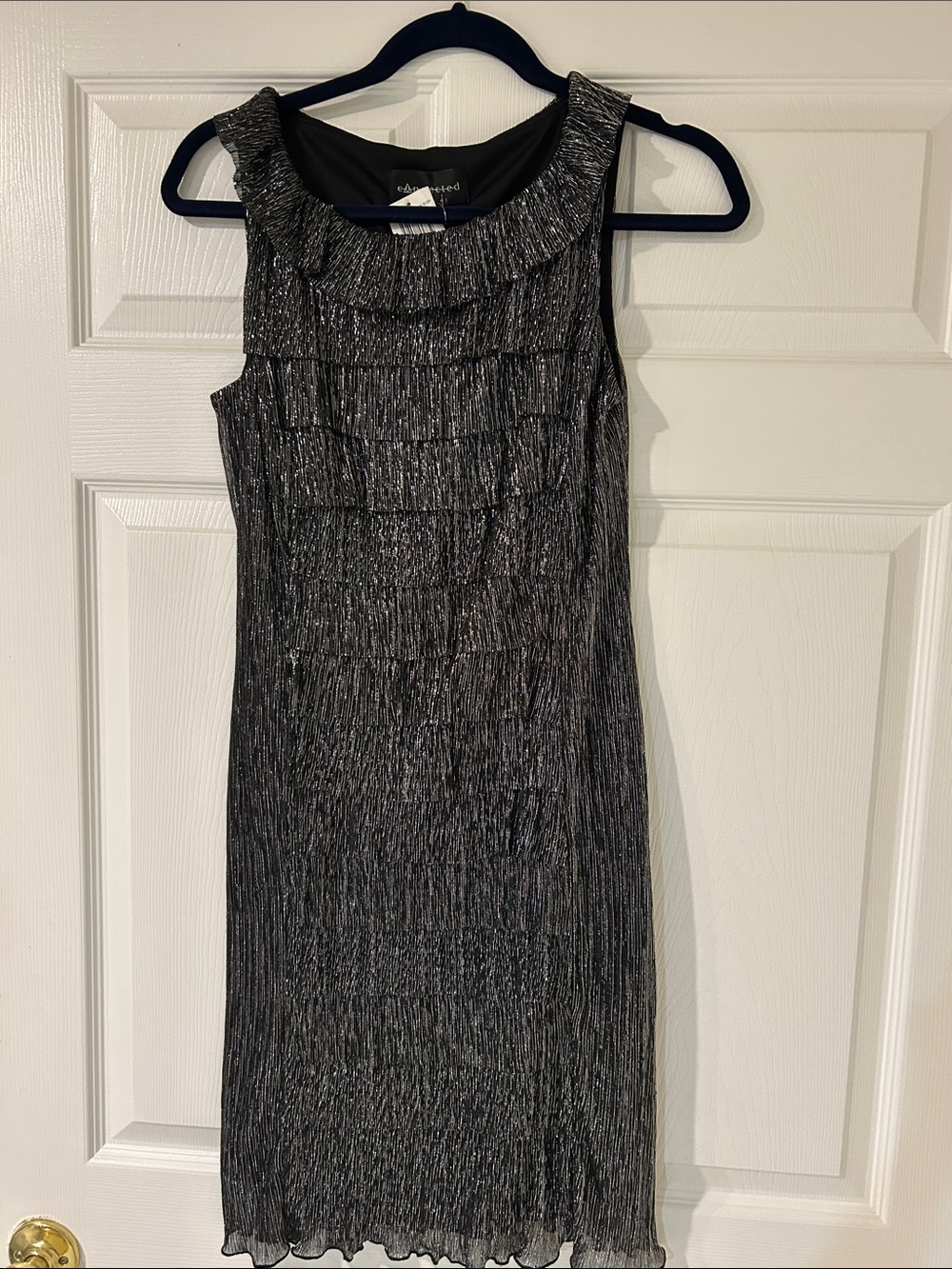 Silver-Black Metallic Ruffled Neck Cocktail Dress